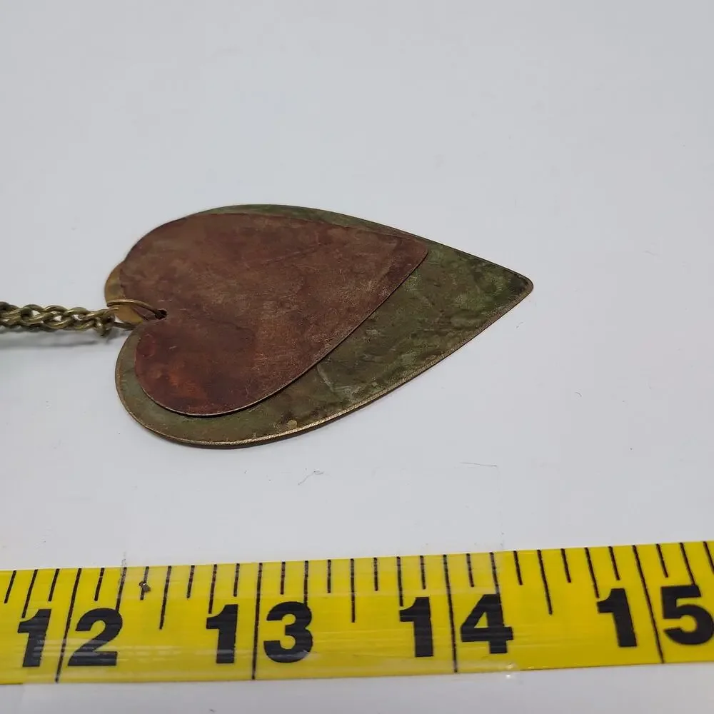 Vintage Artisan Copper Brass Verdigris Heart Ball Necklace Large Statement Piece